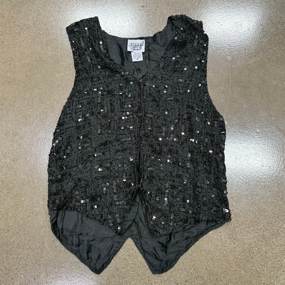 Sweet Sue Vintage Black Beaded Silk Sequin Vest Women Medium Hook Eye Closure
